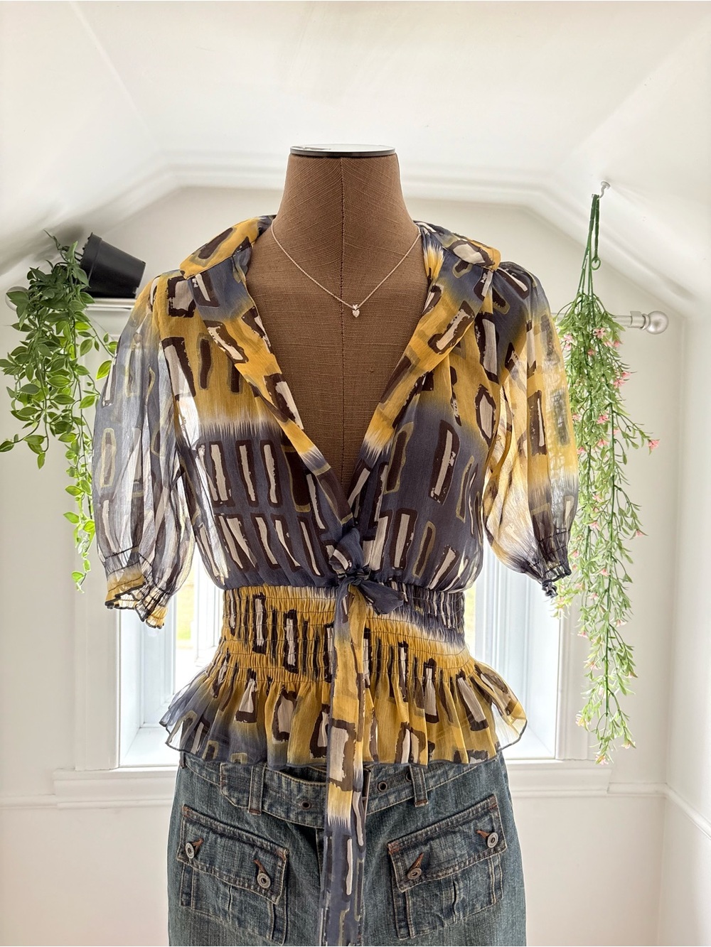 Sheer Abstract Print Tie-Front Peplum Blouse - Yellow/Blue